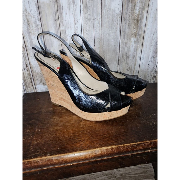 Women's Nine West Black Patent Cork Wedge Sandals Size 10 - Picture 4 of 10